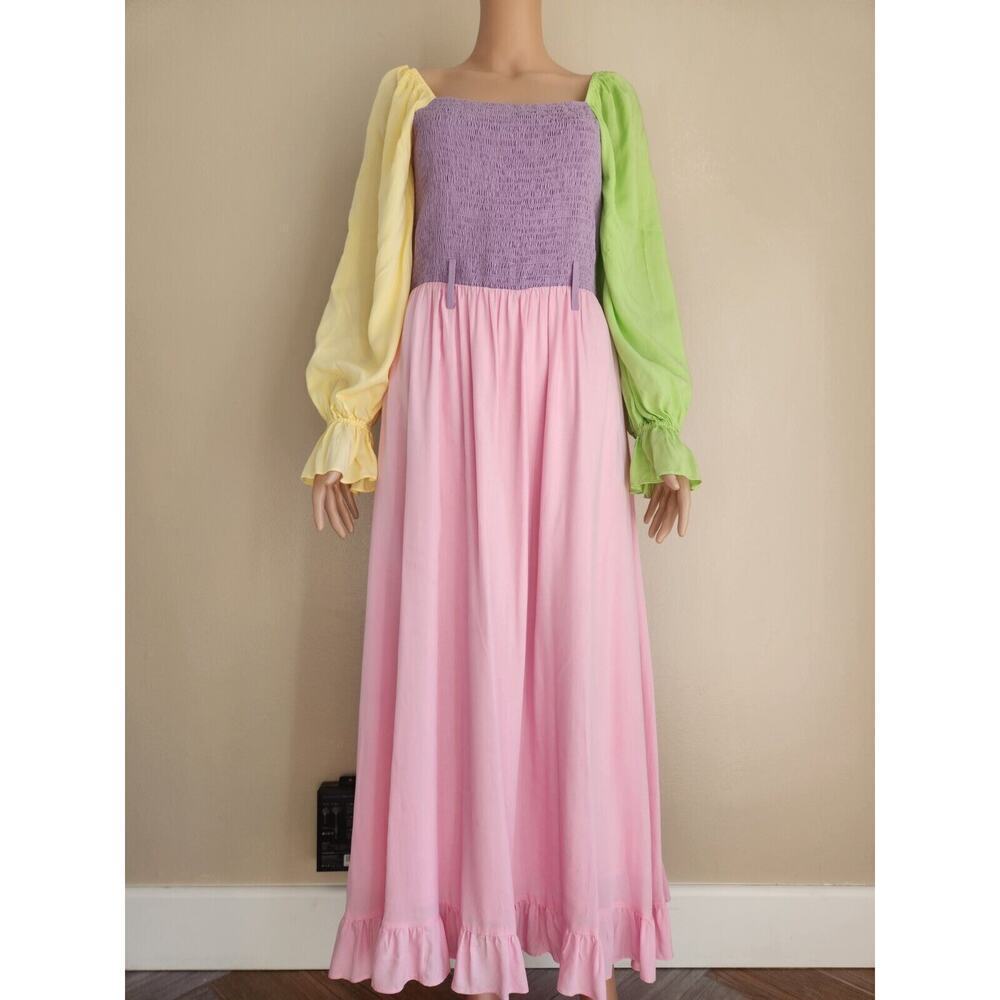 NWD Olivia Rubin Colorblock Smock Long Sleeve Maxi Dress US 8 No Belt #1H457